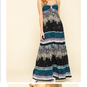 Free People Black and Teal Patterned Maxi Dress